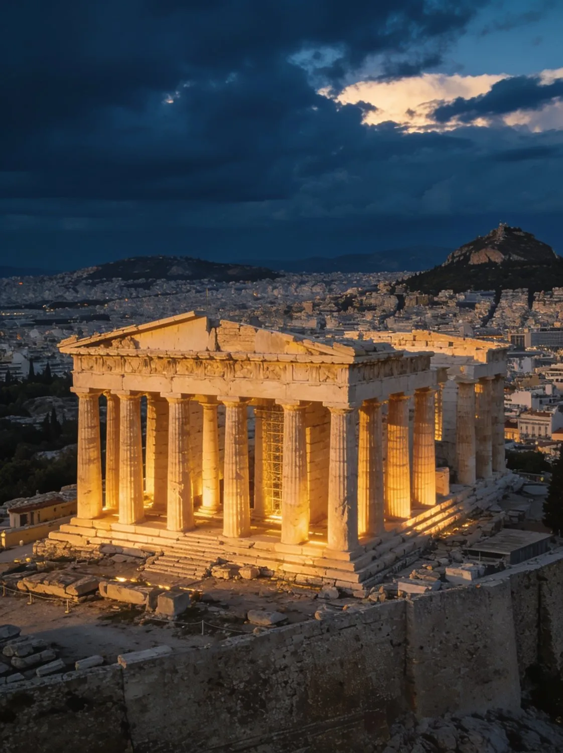 Acrópole de Atenas iluminada ao entardecer