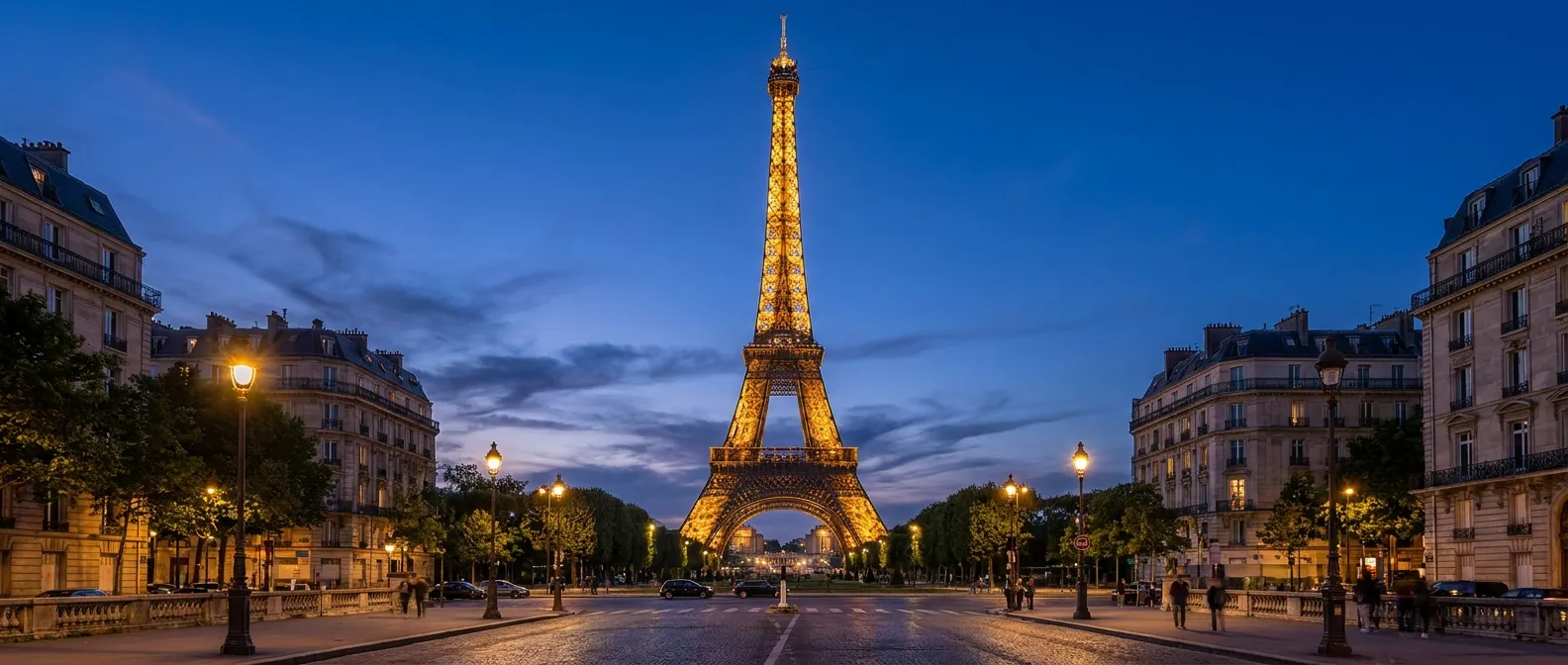 Torre Eiffel iluminada à noite sobre o Rio Sena